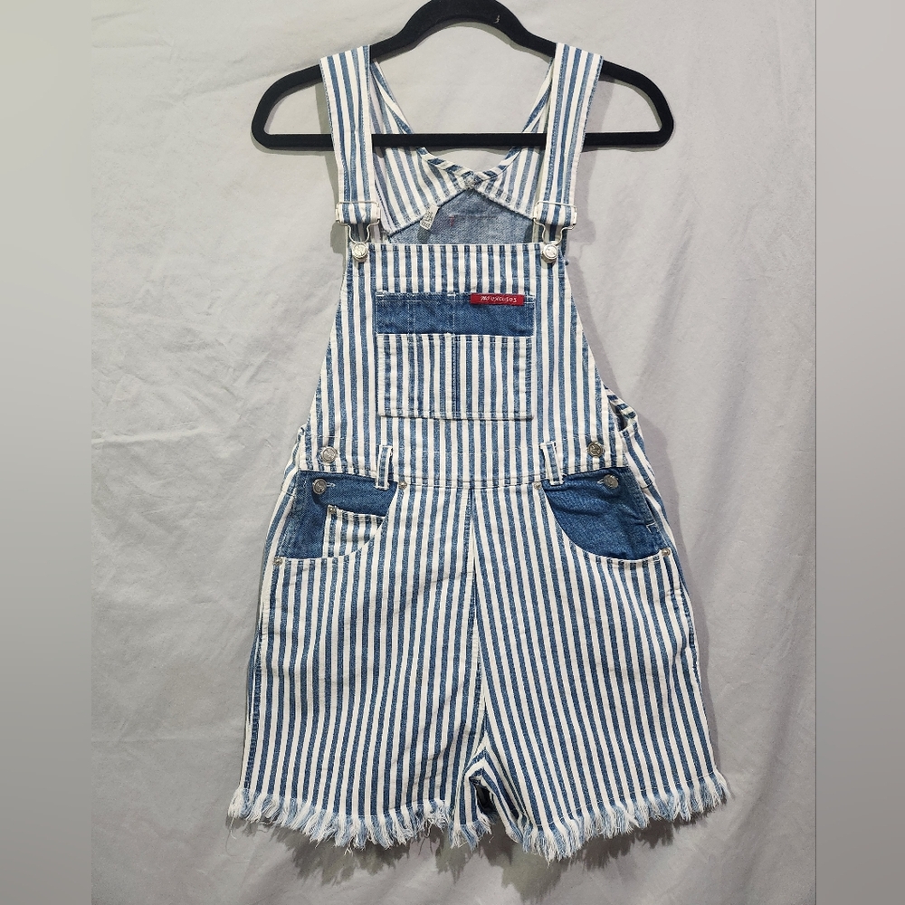 VTG Y2K No Excuses Striped Denim‎ Overall Shorts Shortalls W Frayed Hem Medium